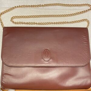 Cartier Authentic Vintage Maroon Clutch/Shoulder Bag with Gold Tone Chain